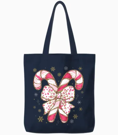 Cute Pink Coquette Bow Candy Cane Christmas Girls Women Tote Bags - Navy