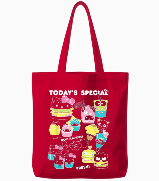 Hello Sanrio Kawaii Burger Shop Foodie Menu Tote Bags in Red