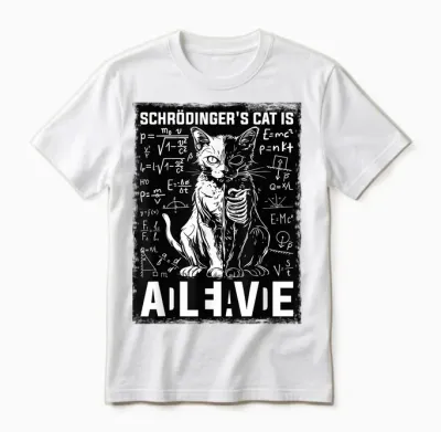 Quantum Physics of the Dead and Living Cat by Schrodinger T-Shirt, Black, S Unisex T-Shirt - White