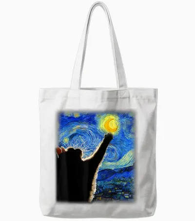 Van Gogh Starry Night Cat T-Shirt - Classic Fit, Cat Lover/mom/dad Gift, Black Crew Neck Tote Bags - White