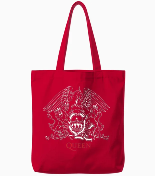 Official Queen Crest T-Shirt, Blue Tote Bags in Red