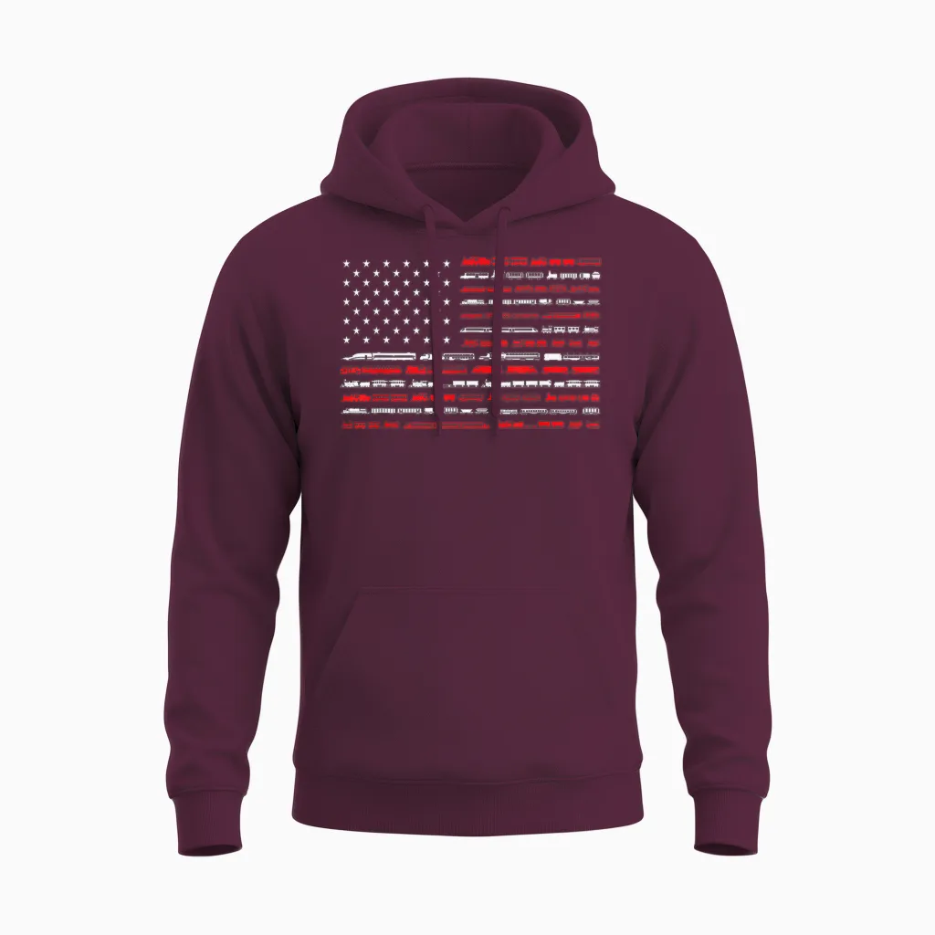 Train Railroad American Flag Vintage Locomotive Unisex Hoodie in Maroon