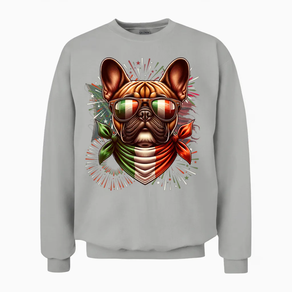 Italian Flag French Bulldog Theme Funny Cute Unisex Sweatshirt in Ash