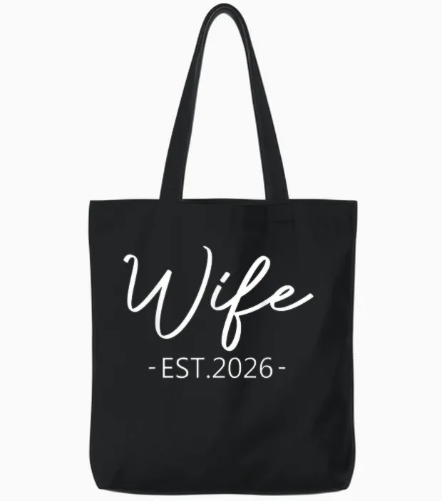 Wife Est 2026 Just Married Honeymoon Hubby Wedding Couple Tote Bags in Black