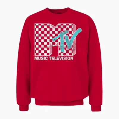 Mtv Neon Distressed Checkered Logo Graphic Unisex Sweatshirt - Red