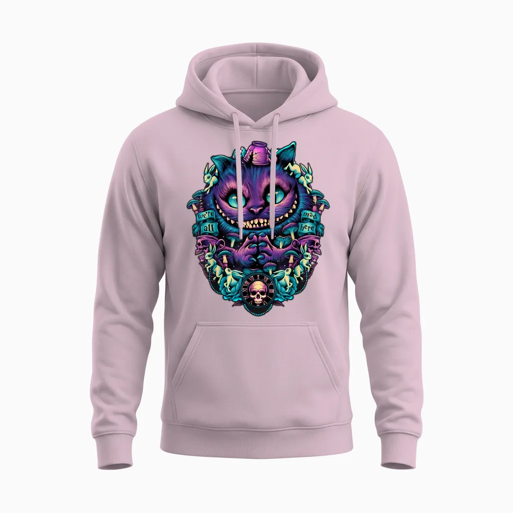 Alice in Wonderland Cheshire Cat All Mad Here T-Shirt, Black Unisex Hoodie in Light Pink