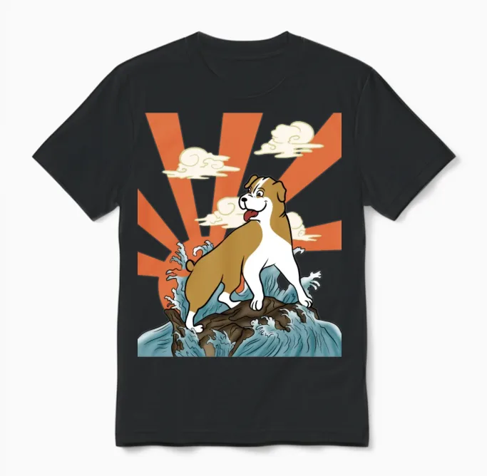 English Bulldog Japanese Retro Unisex T-Shirt in Black