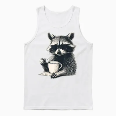 Cool Raccoon with Sunglasses with Cup Coffee Raccoon T-Shirt, White Unisex Tank Top - White