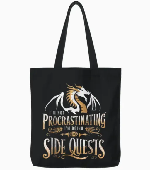 Epic Gamer Fantasy Adventure Apparel I'm Not Procrastinating I'm Doing Side Quests Dragon T-Shirt, Small, Black Tote Bags - Black