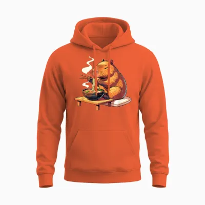 Cute Capybara Eats Ramen Noodles Capybaras Ramen T-Shirt, Black Unisex Hoodie - Orange