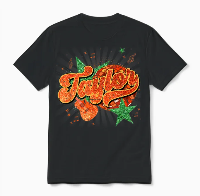 Girl Retro Taylor First Name Personalized Groovy 80's Unisex T-Shirt in Black