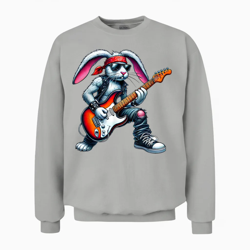 Cute Punk Rabbit Rock 'n Roll Gothic Guitar Kids Rock Star T-Shirt, Black Unisex Sweatshirt in Ash