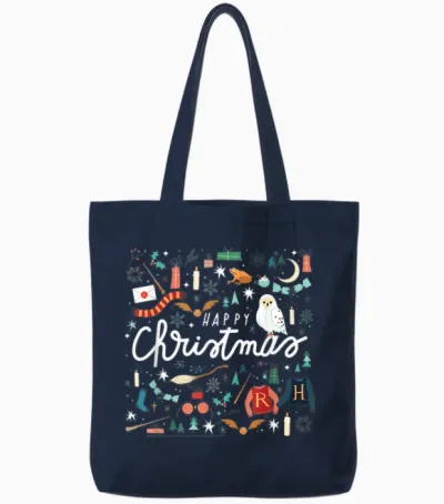 Harry Potter Happy Christmas, Hedwig, Golden Snitch Tote Bags - Navy