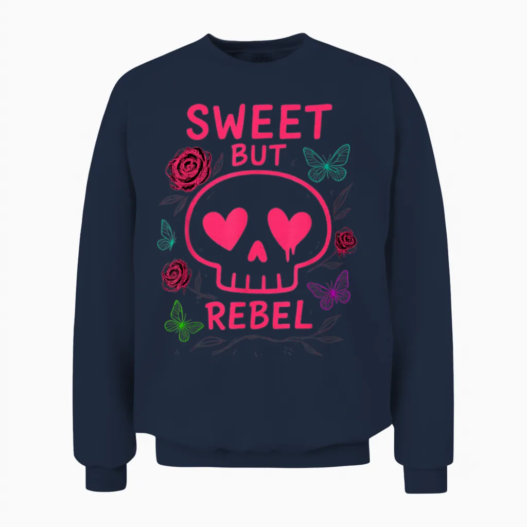 Mignon ’n Punk Crâne Coeurs Papillons Roses Esthétique Unisex Sweatshirt in Navy