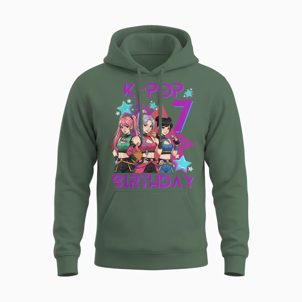 K-Pop K-Pop 7th Birthday Girl 7 Years Unisex Hoodie in Military Green
