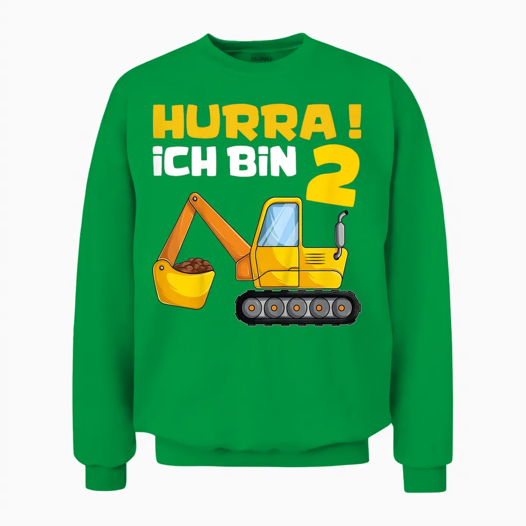 Hurra Ich Bin 2. Geburtstag Jungen Shirts, Zwei Jahre Bagger Unisex Sweatshirt in Irish Green