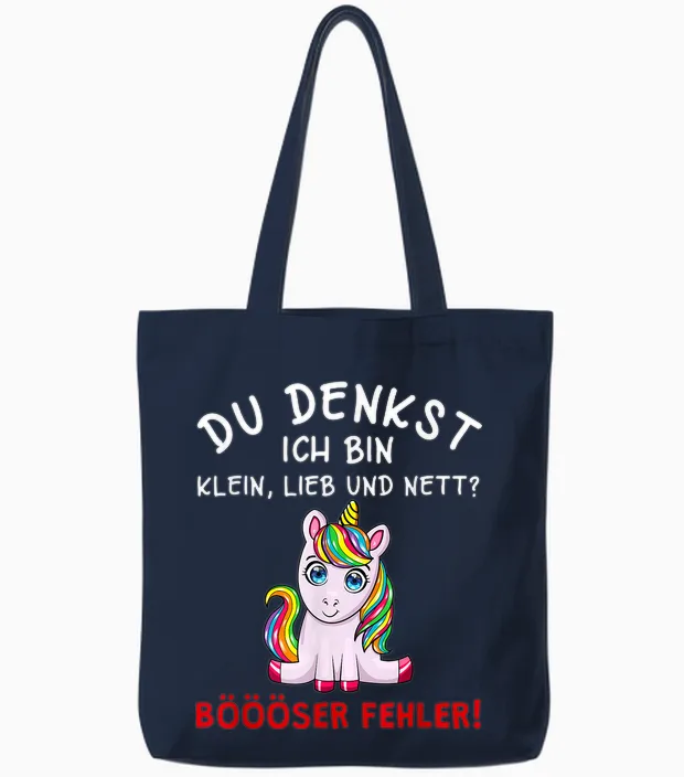 Du Denkst Ich Bin Klein Lieb Und Nett Cute Funny Unicorn Short Sleeve T-Shirt, Black Tote Bags in Navy