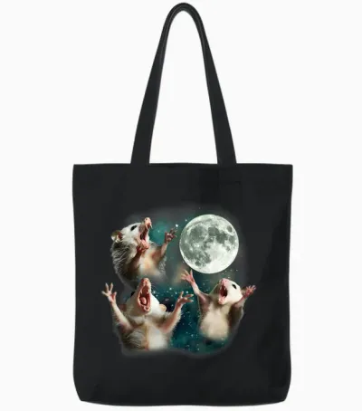 Three Possum Moon | 3 Opossum Funny Weird Cursed Meme Tote Bags - Black