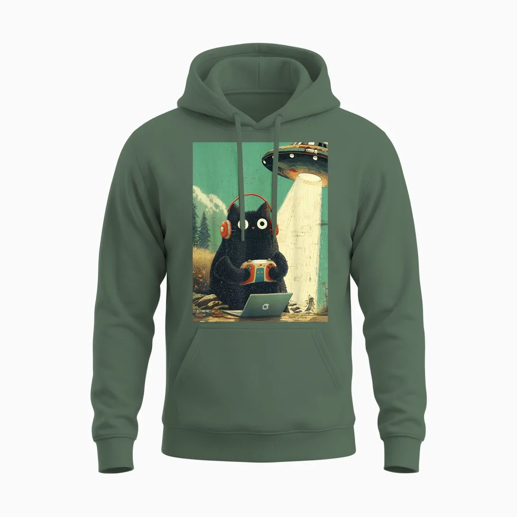 Vintage Japanische Katze Gamer Videospiele Abduktion Ufo Anime Unisex Hoodie in Military Green
