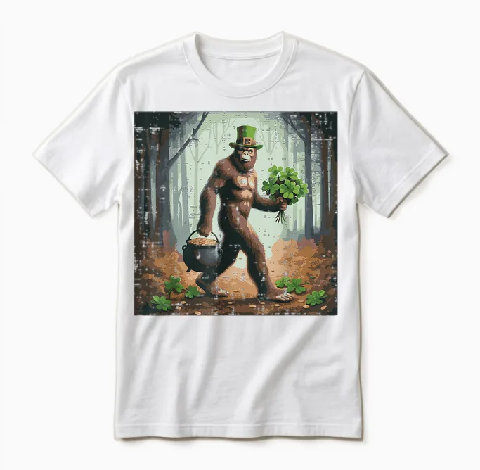 St Patricks Day Bigfoot Alien Selfie Funny Irish Men Women Unisex T-Shirt in White