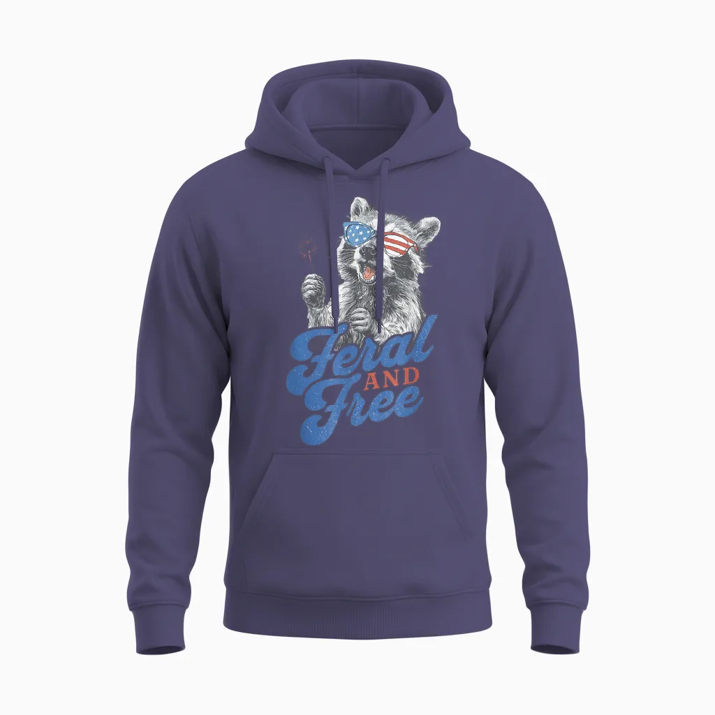 Feral & Free Funny Patriotic Racoon Feral and Free 4th July Unisex Hoodie in Heather Sport Dark Navy