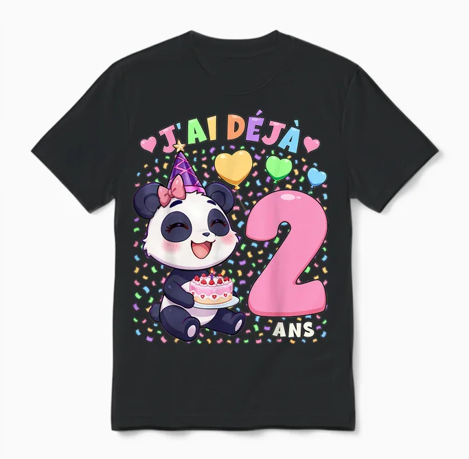 Fille 2e Anniversaire Cadeau 2 Ans Panda Unisex T-Shirt in Black