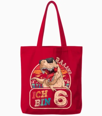 Ich Bin 6 Dinosaurs 6 Years Dino 6th Birthday Boy Party T-Shirt, Black Tote Bags - Red
