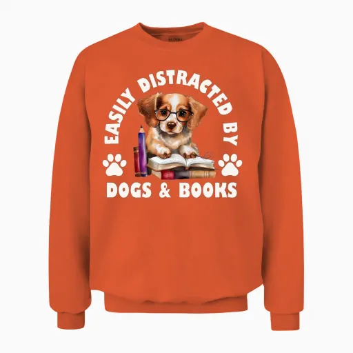 Easily Distracted by Dogs and Books Unisex Sweatshirt in Orange