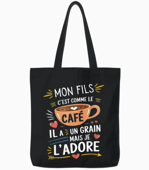 Mon Fils Comme Le Café – Gift Humour Coffee T-Shirt, Black, S Tote Bags in Black