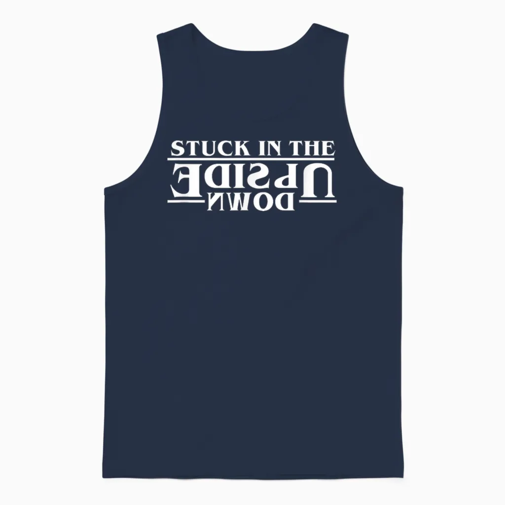 Stranger Things Stuck in the Upside Down White Letter Logo Unisex Tank Top in Navy