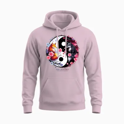 Kitsune Sakura Flower Blossom in Ying Yang Sakura Aesthetic T-Shirt, Black Unisex Hoodie - Light Pink