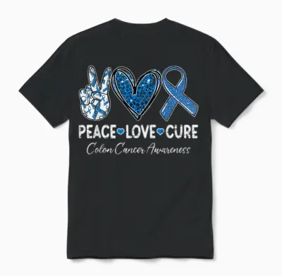 Peace Love Cure Colorectal Colon Cancer Awareness Support Unisex T-Shirt - Black