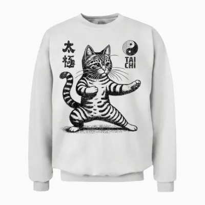 Funny Cat in Tai Chi Stance Martial Arts Yin Yang Balance T-Shirt, White, S Unisex Sweatshirt - White