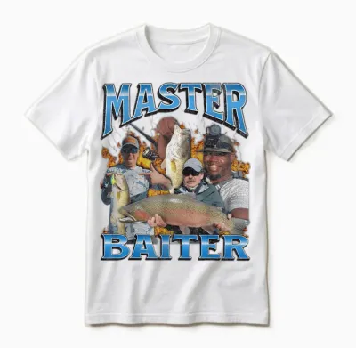 Master Baiter Funny Fishing Meme Pun Bootleg Graphic 90s T-Shirt, Black Unisex T-Shirt - White