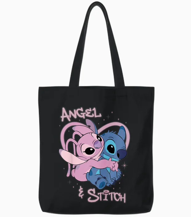 Children's Disney Lilo & Stitch Angel and Stitch Airbrush Heart Tote Bags in Black