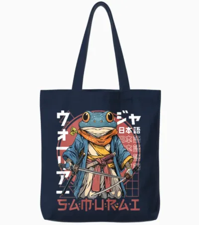 Japanese Samurai Frog Warrior Ukiyo Samurai Toad with Printed Print T-Shirt, Black Tote Bags - Navy