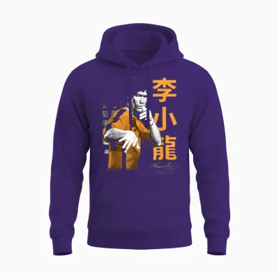 Bruce Lee Iconic Fight Pose Yellow Text Retro Martial Arts T-Shirt, Black, S Unisex Hoodie - Purple