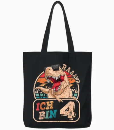 Ich Bin 4 Dinosaur 4 Years Dino 4th Birthday Boy Party T-Shirt, Black Tote Bags - Black