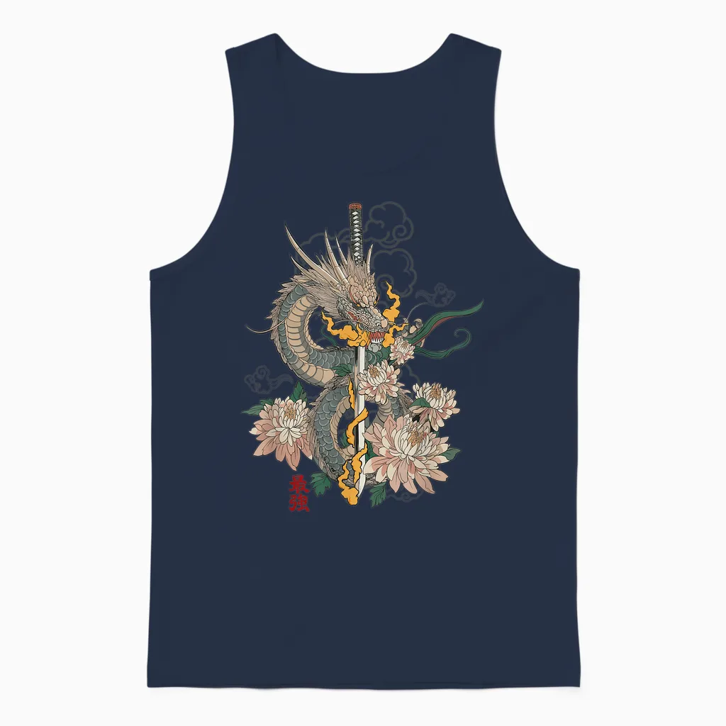 Japanese Dragon Katana Samurai Aesthetic Mythical Art T-Shirt, Black, S Unisex Tank Top in Navy
