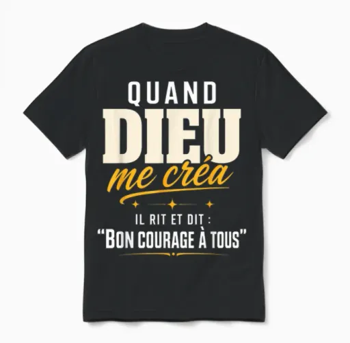 Quand Dieu Me Créa Bon Courage à Tous Humour Unisex T-Shirt in Black
