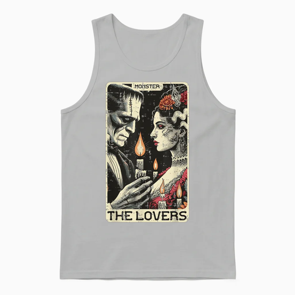 Halloween the Lovers Tarot Card Frankenstein Bride Men Women Unisex Tank Top in Ash
