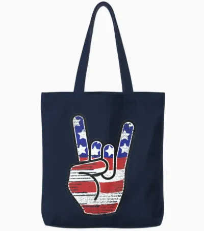 Rock N Roll Usa Flag Horns Sign Retro Concert Band Tote Bags - Navy