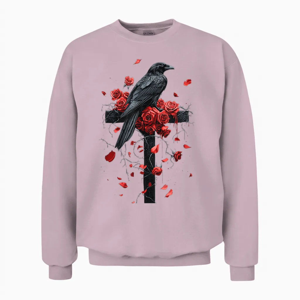 Raven with Roses on Cross Gothic T-Shirt, Black, S Unisex Sweatshirt in Light Pink