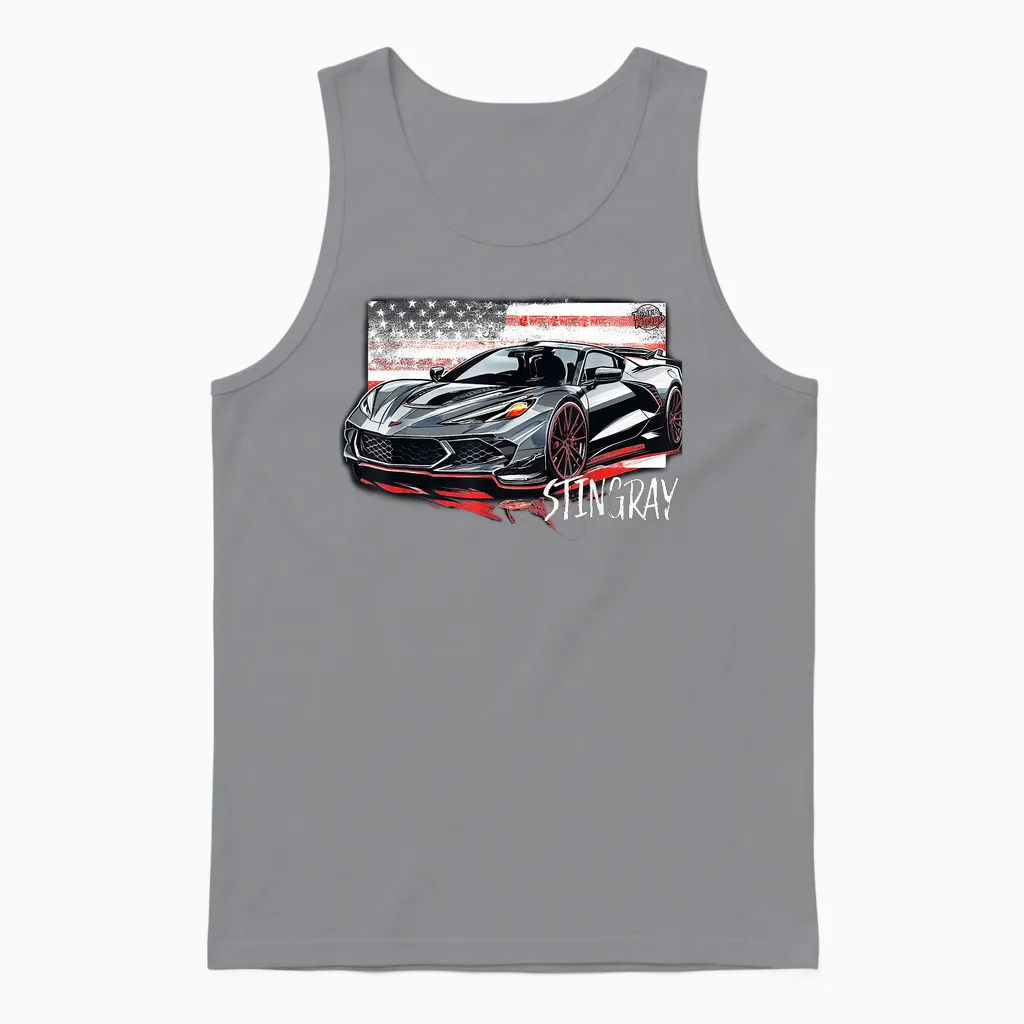 C8 American Muscle V8 Supercar Stingray Cool Vette Mechanic Unisex Tank Top in Sport Grey
