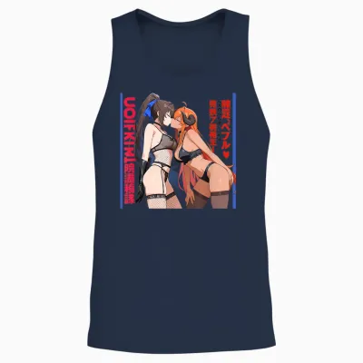 Sexy Anime Waifu Kissing Girls Horns, Japanese Manga Style T-Shirt, Black, S Unisex Tank Top - Navy