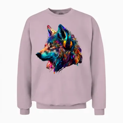 Bunter Wolf Mit Kopfhörern, Musikgrafik, Herren, Damen, Kinder Langarmshirt Unisex Sweatshirt - Light Pink