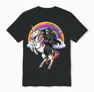 Skeleton Large Grim Reaper Riding Unicorn Halloween Unisex T-Shirt - Black