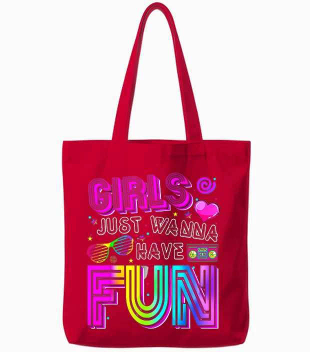 Funny Girls Just Wanna Have Fun Awesome 70's 80's 90's 1980s Tote Bags in Red