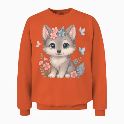 Cute Baby Wolf with Flowers Sakura Floral I Kids Wolf Women Unisex Sweatshirt - Orange