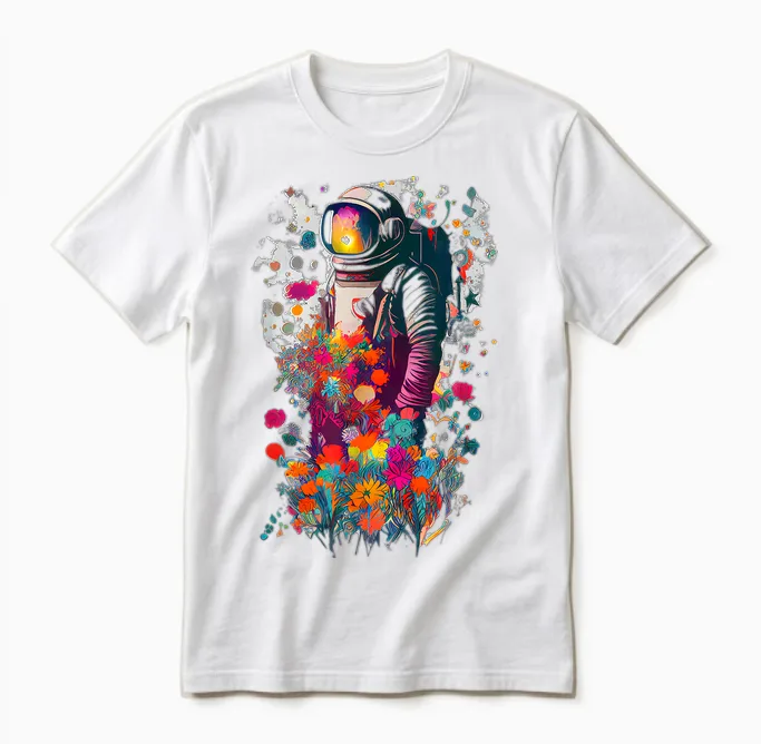 Astronaut Surrounded by Colorful Flowers Unisex T-Shirt in White